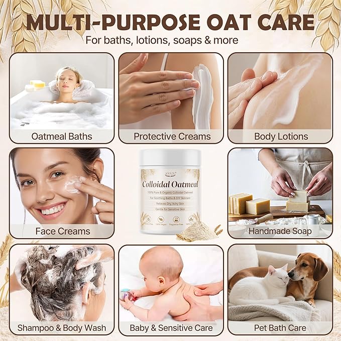 Colloidal Oatmeal, 100% Pure Natural Colloidal Oatmeal Powder for Itchy-Feeling, Dry, Sensitive Skin, Ideal for ColloidalOatmeal Bath, Lotions, DIY Skincare & Soap Making, Gluten-Free, Fragrance-Free