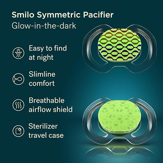 Smilo Baby Pacifier - 2 Pack of Slimline Pacifiers for Babies with Sterilization Box - Stage 1 for Babies 0-3 Months - 100% Silicone Newborn Pacifiers BPA Free - Glow in The Dark