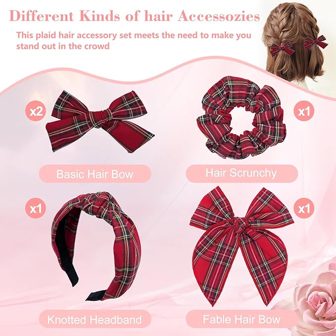 5 Pcs Plaid Headband Set - Padded Scrunchies Bow, Christmas Hair Clips Accessories for Girls (Red)
