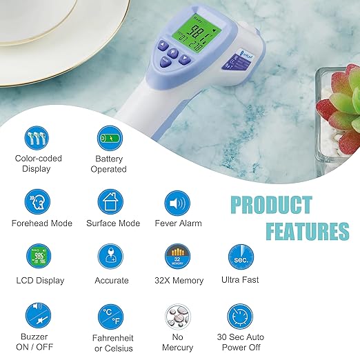 Amplim Digital Forehead Thermometer for Kids, Adults, and Babies - Touchless, Non-Contact Fever Thermometer with Temporal Head Function and Smart Color LCD Display