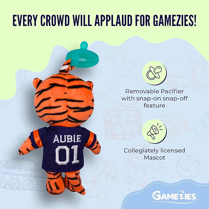 Gamezies Baby Boy and Girl Silicone Pacifier with College Mascot Removable, Washable Plush Toy CPSIA Tested, BPA-Free 0-6 Months (Auburn)