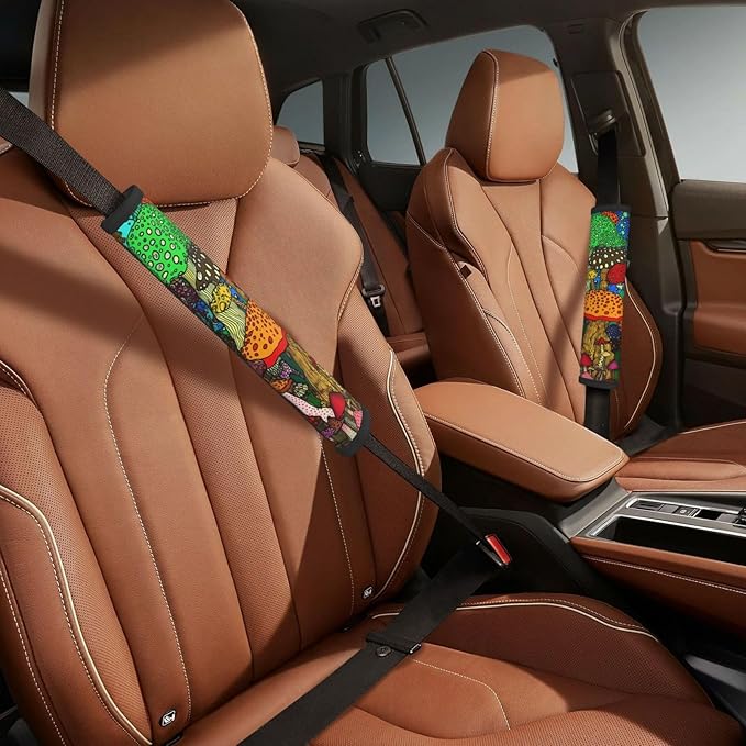 Cartoon Forest Mushroom Print Seatbelt Pads Fits Cars Trucks SUV Sedans Sweat Absorption Car Seatbelt Strap Cover, Auto Interior Accessories Protector
