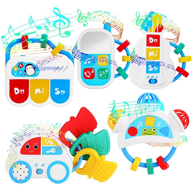Baby Sensory Toys - 5PCS Baby Rattle Teething Toys Kits with Music, Infant Newborn Montessori Toys for Boys Girls 0-18 Months, Toddler Travel Toys Christmas