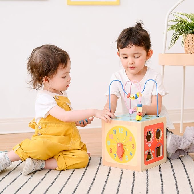 Teamson Kids Preschool Play Lab 4-in-1 Large Wooden Activity Cube Bead Maze Animal Sorter for Kids Baby Toys, Natural