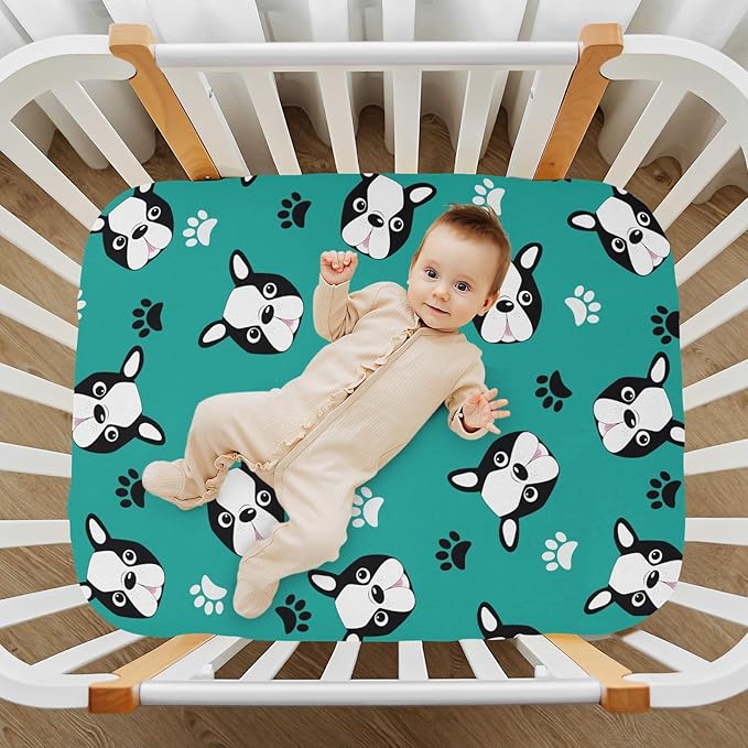 Fitted Crib Sheets Boston Terrier Puppy Head Stretchy Portable Playard Sheets for Baby Toddler, Breathable Soft Mini Crib Mattress 39 x 27 in for Boys and Girls