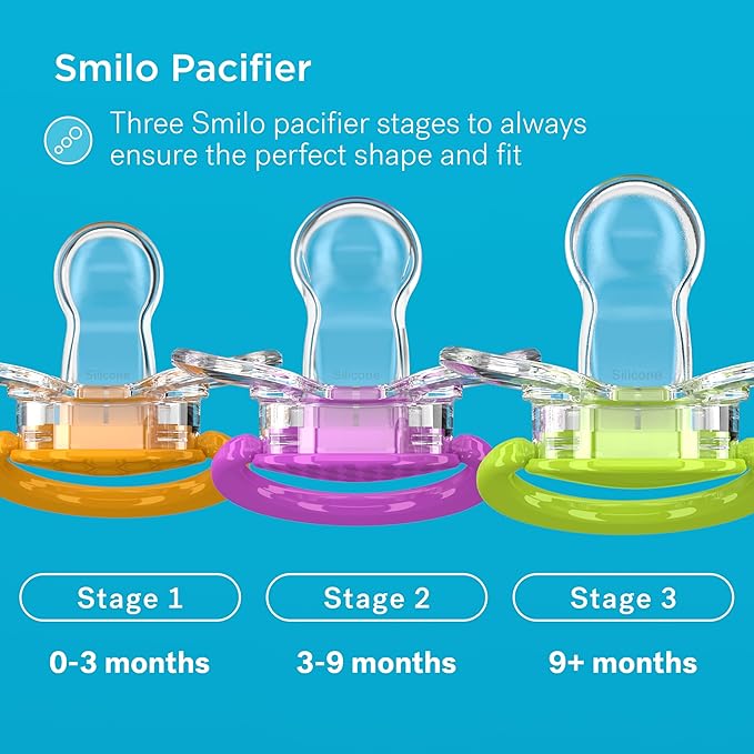 Smilo Baby Pacifier with Orthodontic Design for Healthy Dental Development - Stage 3 for Babies 9+ Months - Pack of 3X 100% Silicone Pacifiers BPA Free - Aqua Blue