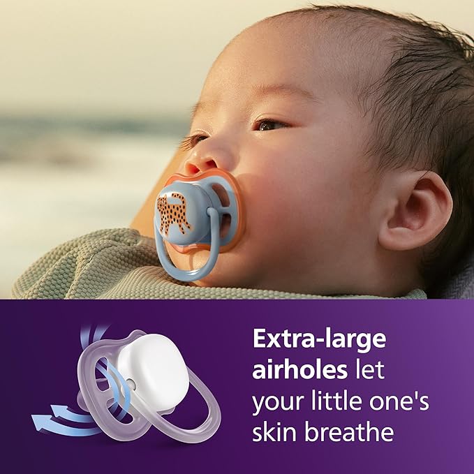 Philips Avent Ultra Air Pacifiers - Orthodontic Design, for Babies 0-6 Months, Soft Silicone Symmetrical Nipple, BPA-Free, 2 Sterilizing Cases, 4 Pack, SCF087/19