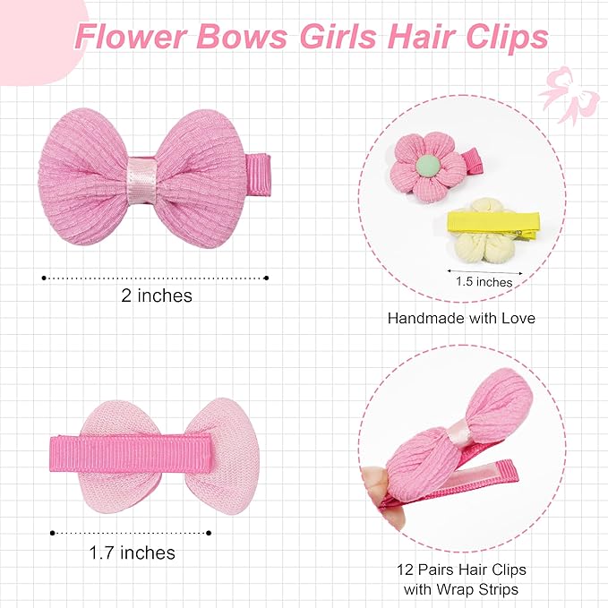 24Pcs Toddle Flower Hair Clips for Girls Baby Hair Clips Cute Floral Infant Candy Bow Non Slip Little Girls Hair Accessories for Thick Hair
