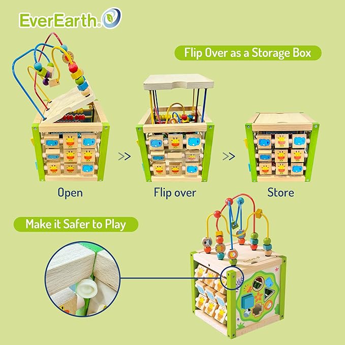 EverEarth Wooden Activity Cube with Bead Maze, 5 in 1 Activity Center, Educational Learning Montessori Toys for Toddlers for Kids 1+, FSC Certified