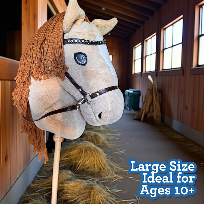 Playful Minds Large Hobby Horse for Kids and Adults – Show Quality with Rhinestone Studded Bridle, Removable Reins, and Long Mane – Plush Handmade Tournament Stick Horse, Palomino