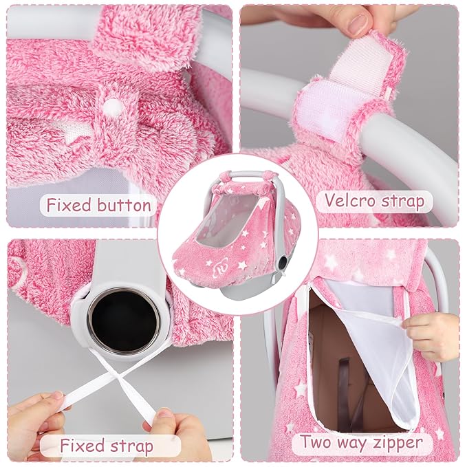 Car Seat Cover Baby Girls Boys, Soft Flannel Infant Carseat Cover with 2 Zipper Windows, Star Carrier Cover Canopy Glow in The Dark, Comfortable & Machine Washable, Hot Pink