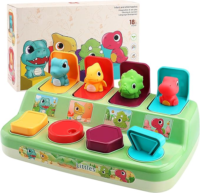 Pop Up Animals Toy for Toddlers 9-18 Months, Dinosaur Cause and Effect Toys for Babies 1 Year Old, Montessori Sensory Learning Fine Motor Skills Development Gift for Boys Girls (No Batteries)
