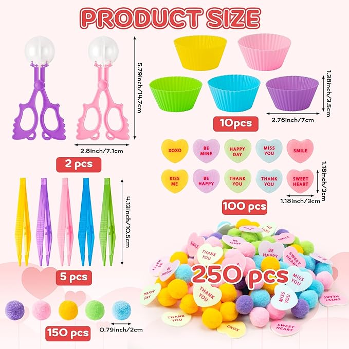 EZdhuawuse Summer Sensory Bin Fillers - 268P Fine Motor Toy Counting Sorting Set for Kid Birthday Easter Gift, Felt Phrases Heart Colorful Pom Poms Cup Clip for Preschool Education Activities