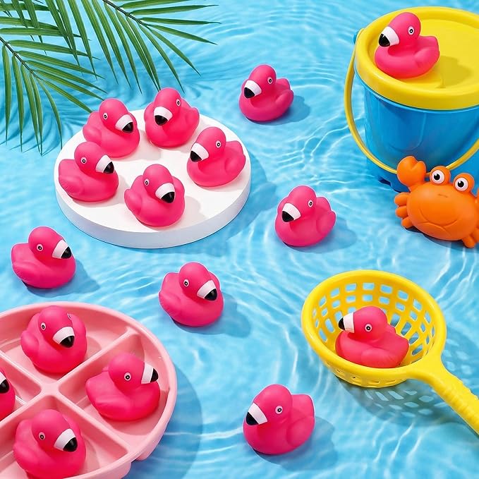 Goaste 50 Pieces Flamingo Rubber Ducks Bulk, Pink Flamingo Bath Toys, Cute Floating Squeaky Bathtub Ducks for Baby Shower, Birthday Party, Cake Decoration, Classroom Prizes