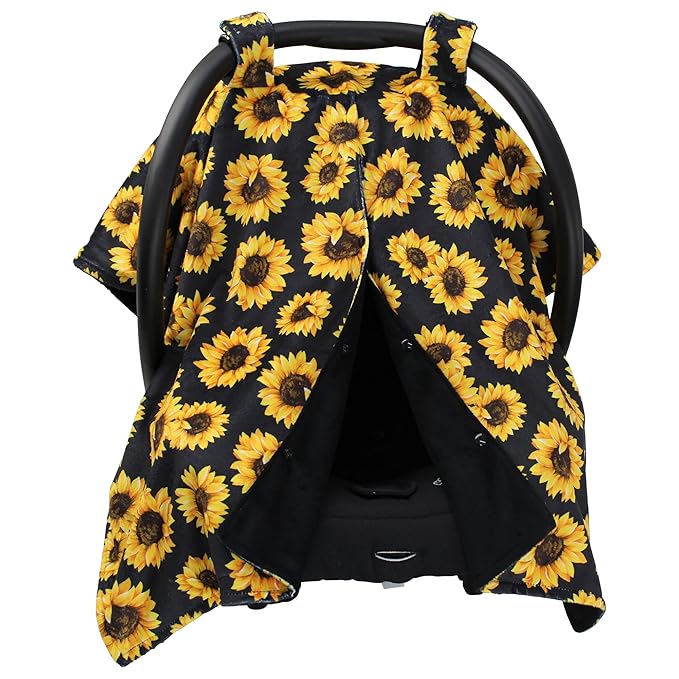 Dear Baby Gear Car Seat Cover for Boys & Girls - Baby Carseat Canopy w/Snap Opening - Infant Seat Cover - Stroller & Nursing Covers - Newborn Carrier Canopy- 40x30(Sunflowers on Black, Black Smooth)
