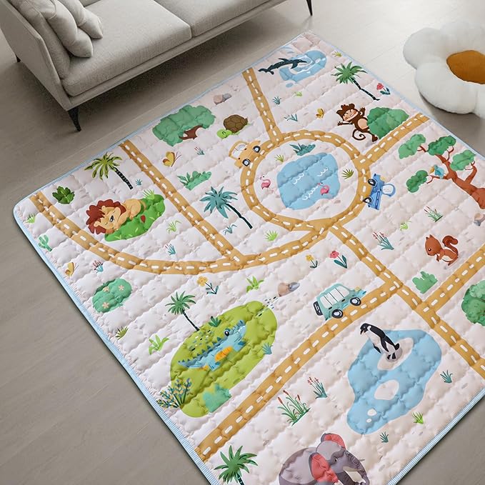 Baby Mat Non-Slip 50x50 for Floor, GFU Thick One-Piece Crawling Mat, Foldable and Machine Washable for Boys (Animals)