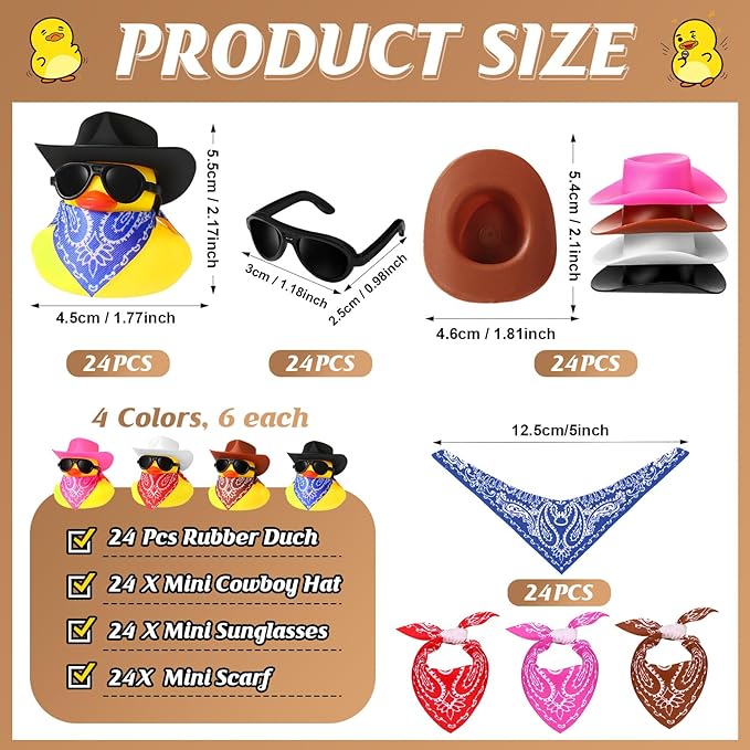Sosation 36 Set Cowboy Rubber Duck Mini Yellow Duckies Bath Toy Tiny Ducks Bathtub Toy with Cowboy Hat Paisley Bandanas Sunglasses Dashboard Decor for Summer Baby Shower Birthday Party(Cute Style)