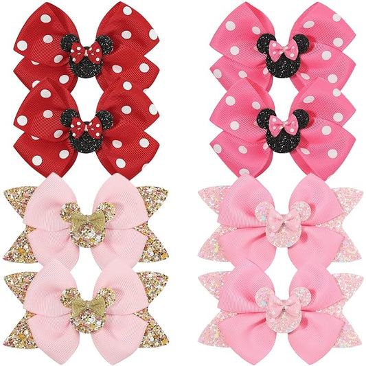 Qearl 8 Pcs Mouse Ears Bow Clips for Girls, Polka Dot Red Bows Theme Park Costume Party Decoration for Toddlers Girls in Pairs
