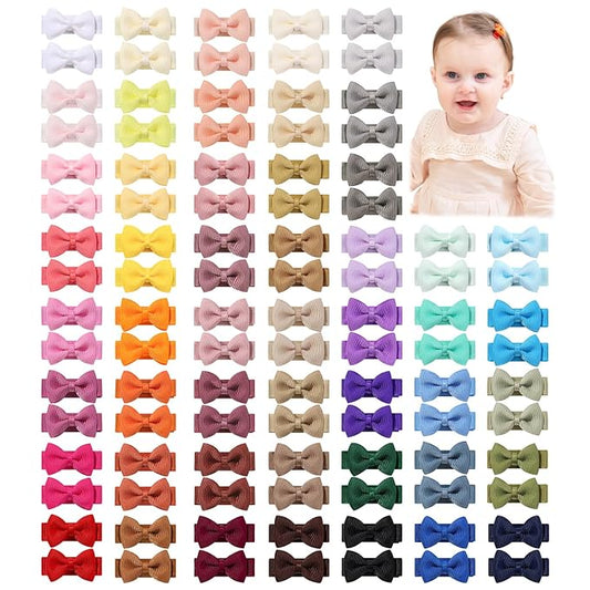YHXX YLEN Baby Hair Bows for Girls Mini Fully Lined Hair Bows Grosgrain Ribbon 1.2" Tiny Baby Hair Clips for Baby Girls Infant Fine Hair 100PCS (50 Colors in Pairs)