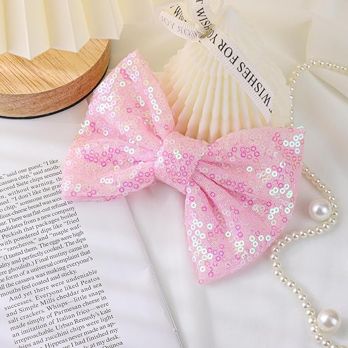 Hair Bows Clips, 5 inches Sequins Large Bow with Alligator Clip for Girls, Hair Accessories for Women Teens Babies Toddlers, Pink Hair Bow