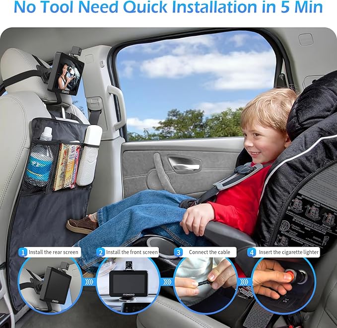 Itomoro Baby Car Camera, 5"+7" 1080P Dual Screen Car Baby Camera with Two-Way Video, Music & Video Play Supported, Night Vision & 150° Wide View Baby Monitor for Car Backseat with 64GB Storage-ACZ419