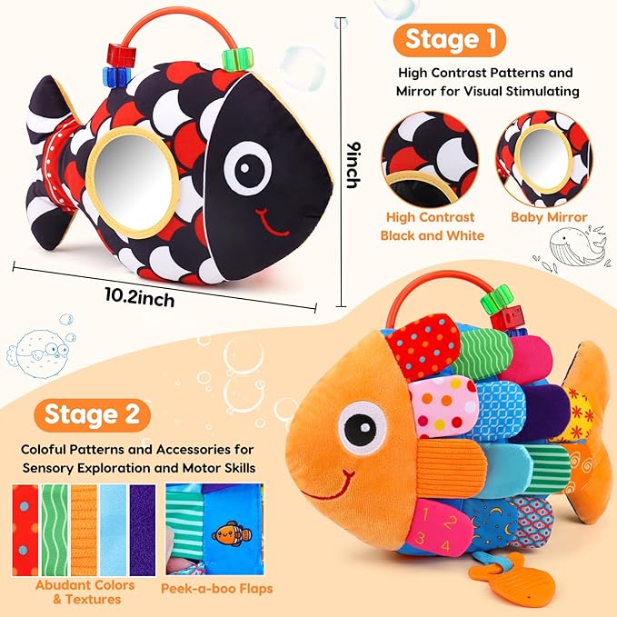 Baby Sensory Tummy Time Toys 0-6 Months Music Fish Toy for Infant 3 4 5 6 Month Old Black and White High Contrast Newborn Toys with Mirror Crinkle Rattle for 3-6 6-12 Months Baby Boy Girl Shower Gifts