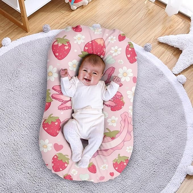 Strawberry Axolotl Baby Lounger Cover for Boys, Pink Newborn Infant Lounger Covers 31.5'' x 21.3'', Soft and Breathable Nest Replacement Slipcover