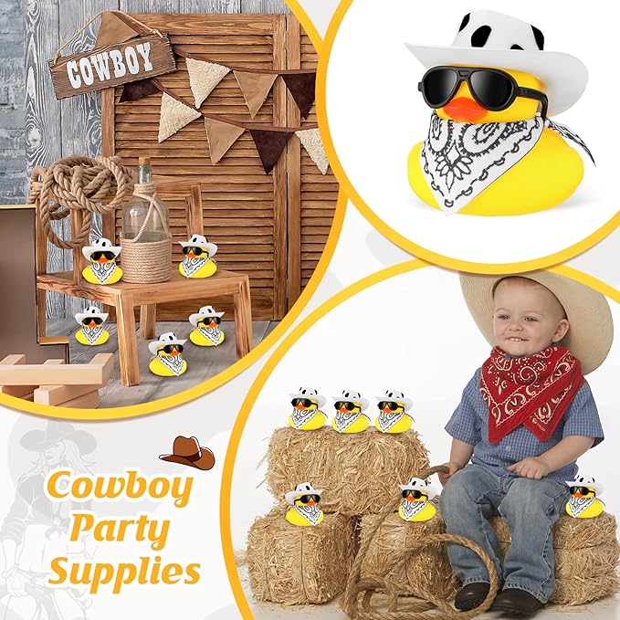 Sosation 24 Set Cowboy Rubber Duck Bulk Mini Yellow Duckies Tiny Ducks Bathtub Toy with Cowboy Hat Paisley Bandanas Sunglasses for Birthday Party Favor(Cow Style)