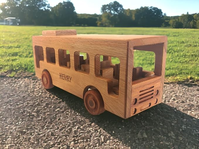Personalized Wooden Toy Bus For Toddlers, Customized Wooden School Bus Toy, Montessori Toys For 1 Year Old, Baby Bus, Push Cars On The Wheels Toys, School Bus Toys For Toddlers 1-3, Wooden Toy Cars