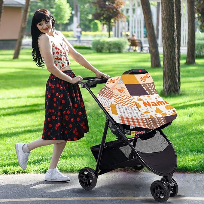 Personalized Baby Car Seat Cover for Boys Girls, Custom Nursing Covers for Breastfeeding with Name, Infant Stroller Cover, Baby Carseat Canopy for Newborn, Multiuse Car Seat Canopies, Cute Fox