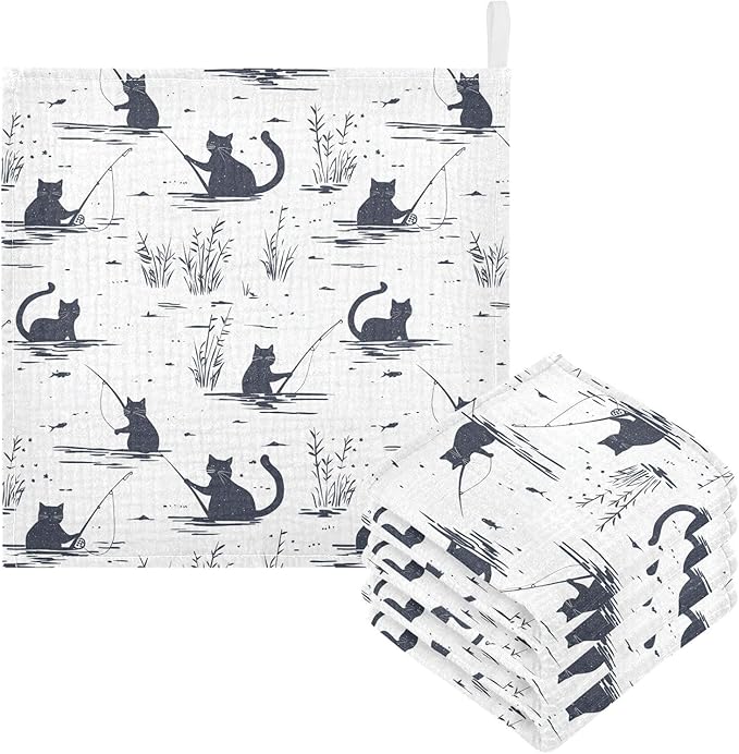 vvfelixl Baby Muslin Washcloths Cat Fishing Baby Burp Cloths Cotton Babys Face Towel for Newborn Infants Boys Girls Soft and Absorbent 11.8 X 11.8 in, 3 Pack