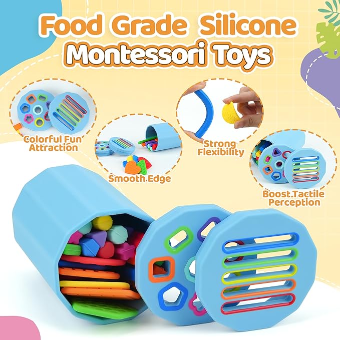 Shape & Color Sorting Montessori Baby Toddler Toys for 1 2 3 Years Boys Girls, Silicone Montessori Toys for 1 Year Old, Fine Motor Skills Sensory Toddlers Toy 1 Year Old Girl and Boy Gift,2 In 1