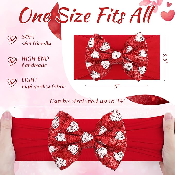 Heart Baby Bow Headbands Sequin Bows Red Pink Glitter Hair Bow for Girls Toddler Red Pink Baby Headband Bows 6-12 Months