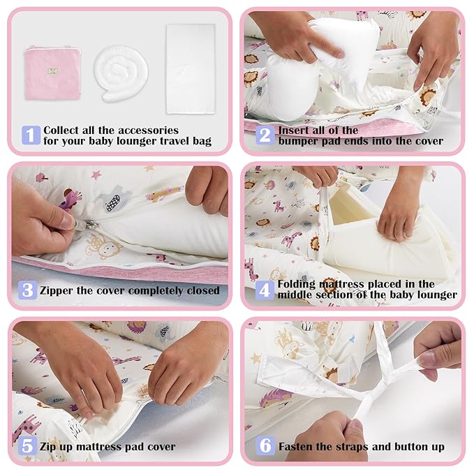 Baby Lounger for Newborns & Infants 0–24 Months, 100% Cotton Breathable Infant Support Cushion with Adjustable Size, Portable Baby Nest for Home and Travel, Baby Shower Gift (Animal World Pink)