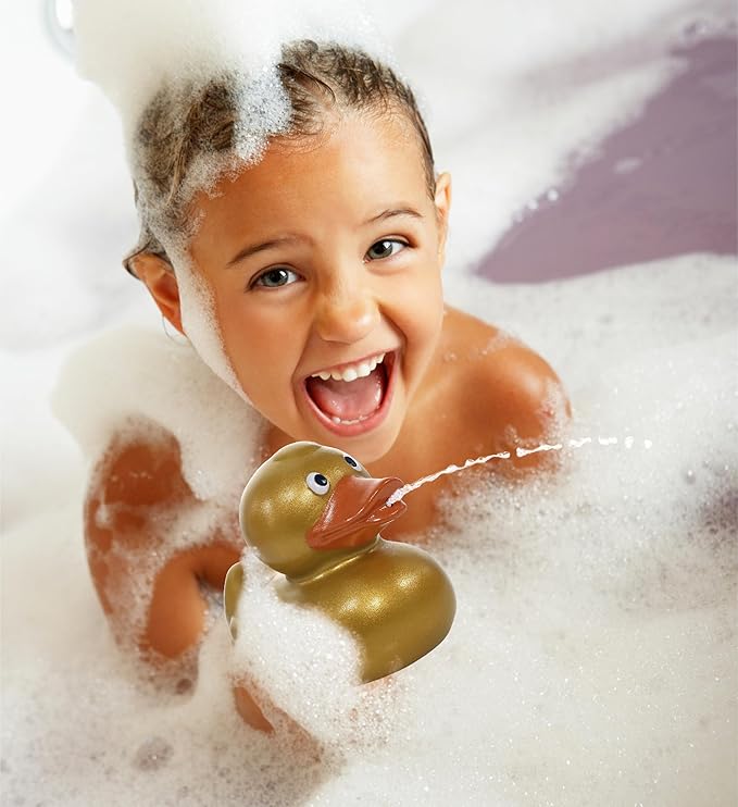 DolliBu Metallic Gold Duck Bath Buddy Squirter - Floating Gold Duck Rubber Bath Toy, Fun Water Squirting Bath Time Play for Toddlers, Animal Toy for Bathtub, Beach, and Pool for Girls and Boys