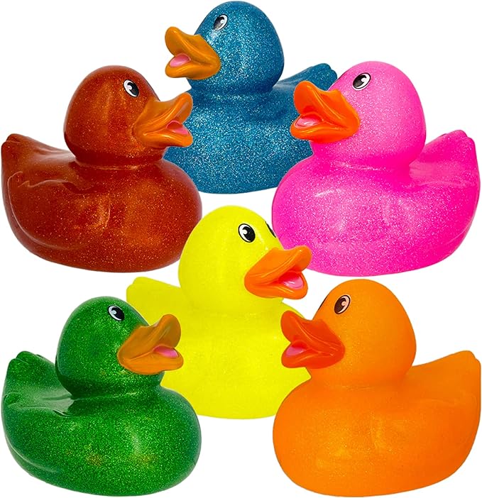 The Dreidel Company Giant Glitter Rubber Duck Toy with Sound Assortment Duckies for Kids, Bath Birthday Gifts Baby Showers Summer Beach and Pool Activity, 6" Inch (3-Pack)