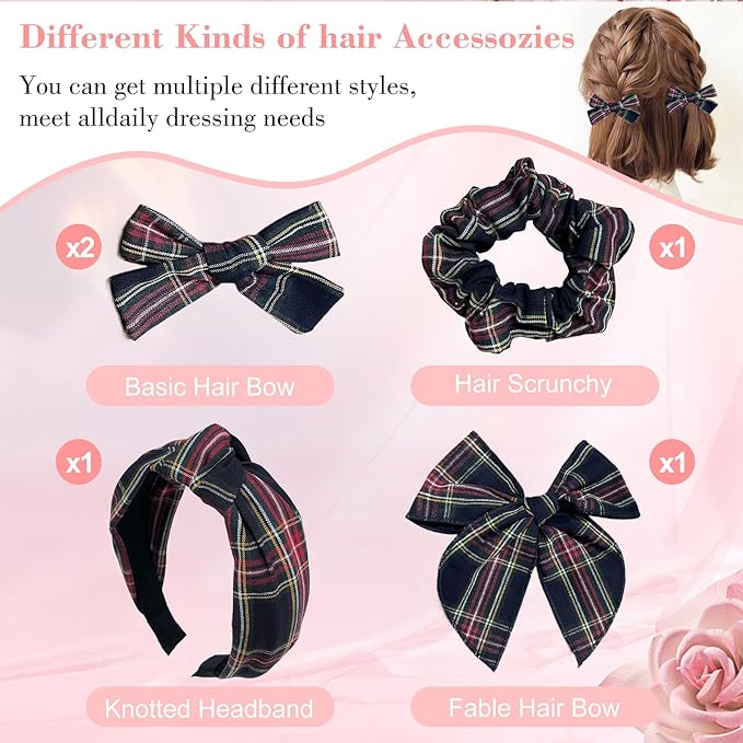 5 Pcs Plaid Headband Set with Hair Knotted Scrunchies Bow, Padded Headbands for Women, Christmas Hair Bows & Clips Accessories for Girls (Black)