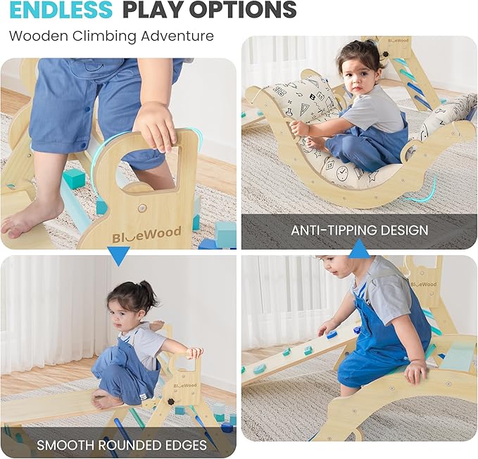 BlueWood Pikler Triangle Set with Cushion, 8-in-1 Climbing Toys for Toddlers, Montessori Philosophy Play Jungle Gym with Arch, Ramp, Ladder(Sky Blue)