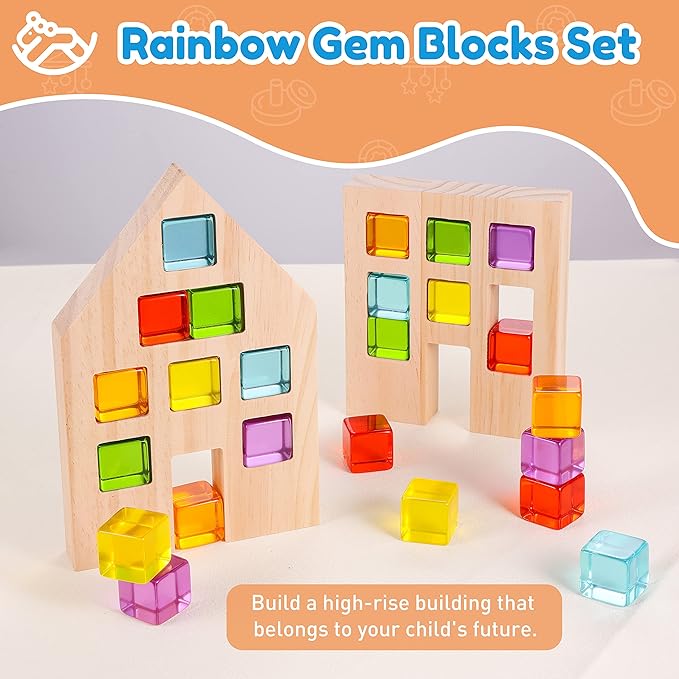 Woodtoe Wooden Baby Walker for Toddlers, Adjustable Speed Push Toys for Babies Learning to Walk, with Wooden Building Blocks Set for Kids, 24 PCS Rainbow Gem Cubes Stacking Blocks