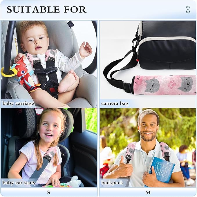2 Pack Seatbelt Covers Seat Belt Cover Pad for Adults Boys Girls Car Seat Strap Covers Pads Cushion Universal Shoulder Strap Pad Protector for Backpack Camera Bag 10x7.7Inch Watercolor Cat Faces and P