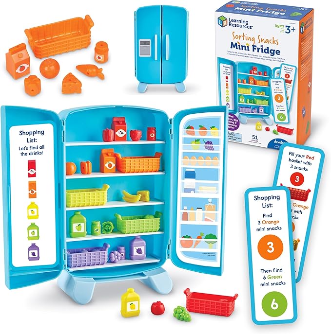 Learning Resources Sorting Snacks Mini Fridge - Play Food, Toddler Kitchen, Montessori , Color Sorting Sensory, Gifts for Boys and Girls, Preschool Games, Fine Motor Skills, Counting, Kindergarten