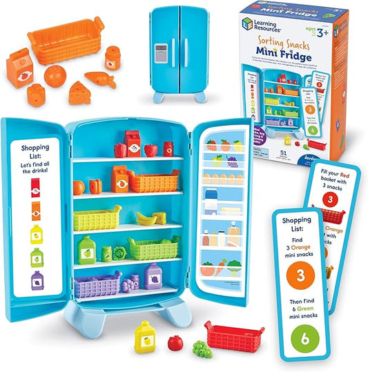 Learning Resources Sorting Snacks Mini Fridge - Play Food, Toddler Kitchen, Montessori , Color Sorting Sensory, Gifts for Boys and Girls, Preschool Games, Fine Motor Skills, Counting, Kindergarten