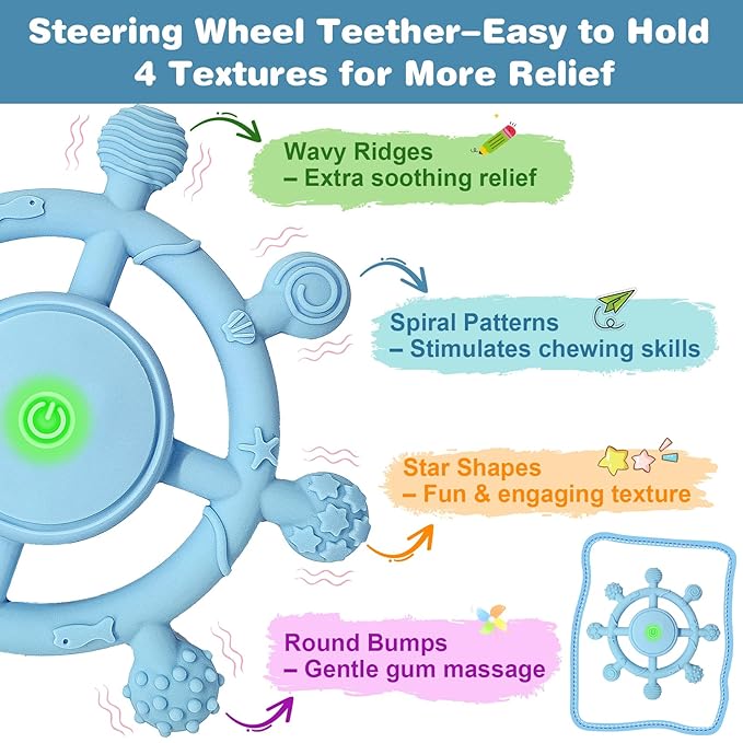 YOFUN 3-Speed Vibrating Baby Teether – Soothing Silicone Teething Toy for Infants 3M+, Food-Grade, USB Rechargeable – Soft & Safe Gum Relief for Babies (Blue)