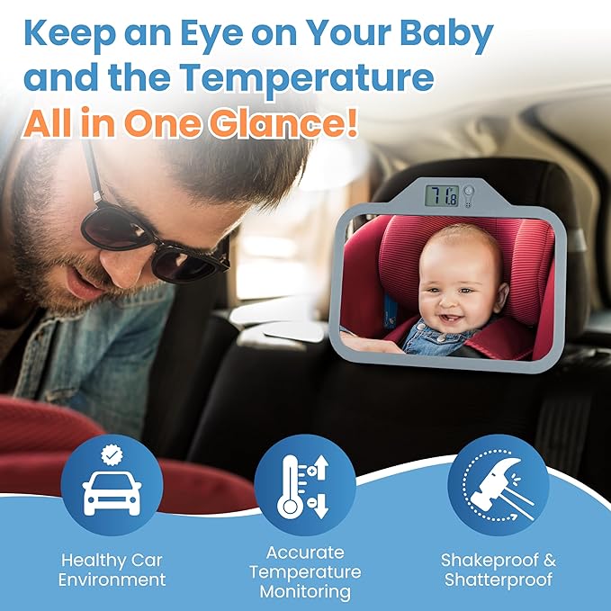 Theromirror - Baby Car Mirror with Temperature Display, Rear Facing Car Seat Mirror, Newborn Essentials, Wide Angle (Gray)