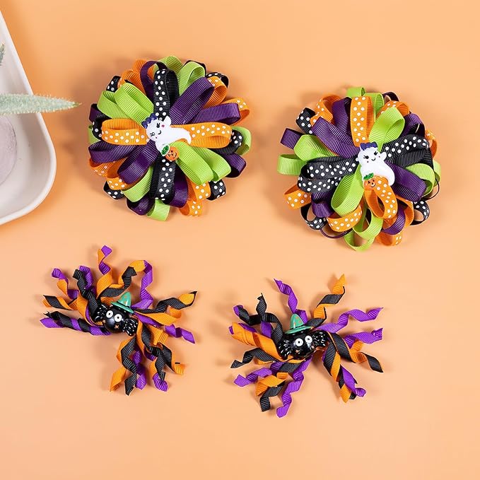 Halloween Korker Hair Bow Clips for Girls Women Cute Spider Ghost Pumpkin Curly Corker Ribbon Cheer Bow Alligator Barrette Holiday Dress up outfit Decor Accessory Birthday Gift