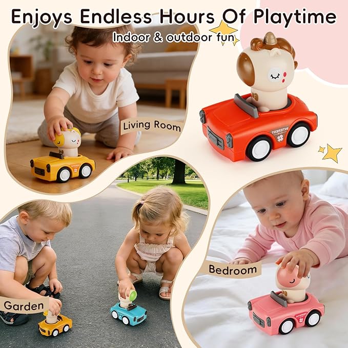 Press and Go Car Toy for Toddler 1-3,Friction Powered Animal Push Car,No Batteries Needed,BPA-Free, Easy to Clean,Indoor Outdoor Toy for 6-9-12-18 Month,Birthday Gift for 1-2 Year Old Boy Girl
