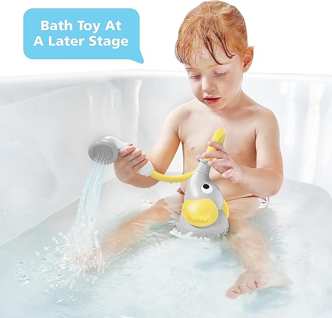 Yookidoo Baby Bath Shower Head - Elephant Water Pump and Trunk Spout Sprayer and Rinser-Control Water Flow from 2 Knobs Baby Bath Time Essentials for Newborn Babies in Tub Or Sink (Yellow)