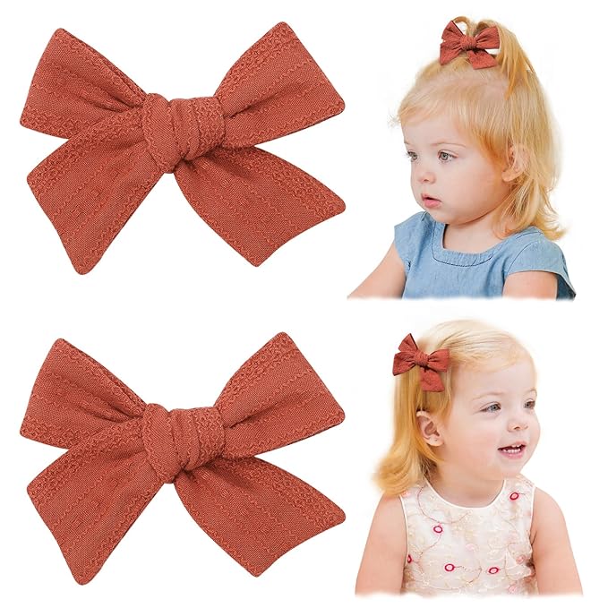Jollybows 2pcs 3.2" Hair Bows Clips for Baby Girl Christmas Toddler Pigtail Bows Neutral Linen Hair Clip -Brick Red