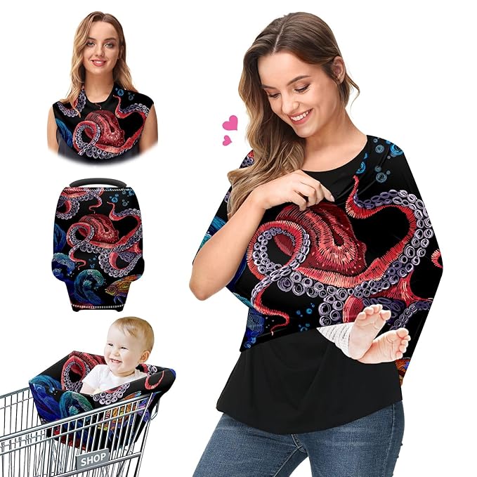 Baby Car Seat Stroller Covers Ocean Octopus Waves Fish Nursing Cover Breastfeeding Scarf Soft Breathable Stretchy Infant Car Canopy Coverage Carseat Cover for Boys and Girls Multi Use