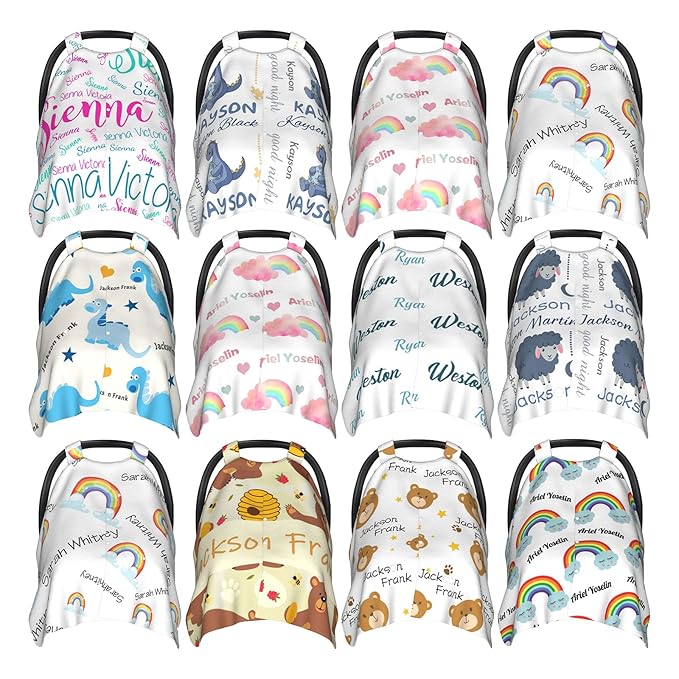 Personalized Baby Car Seat Cover Canopy with Name for Girls Boys Custom Rainbow Baby Carrier Covers